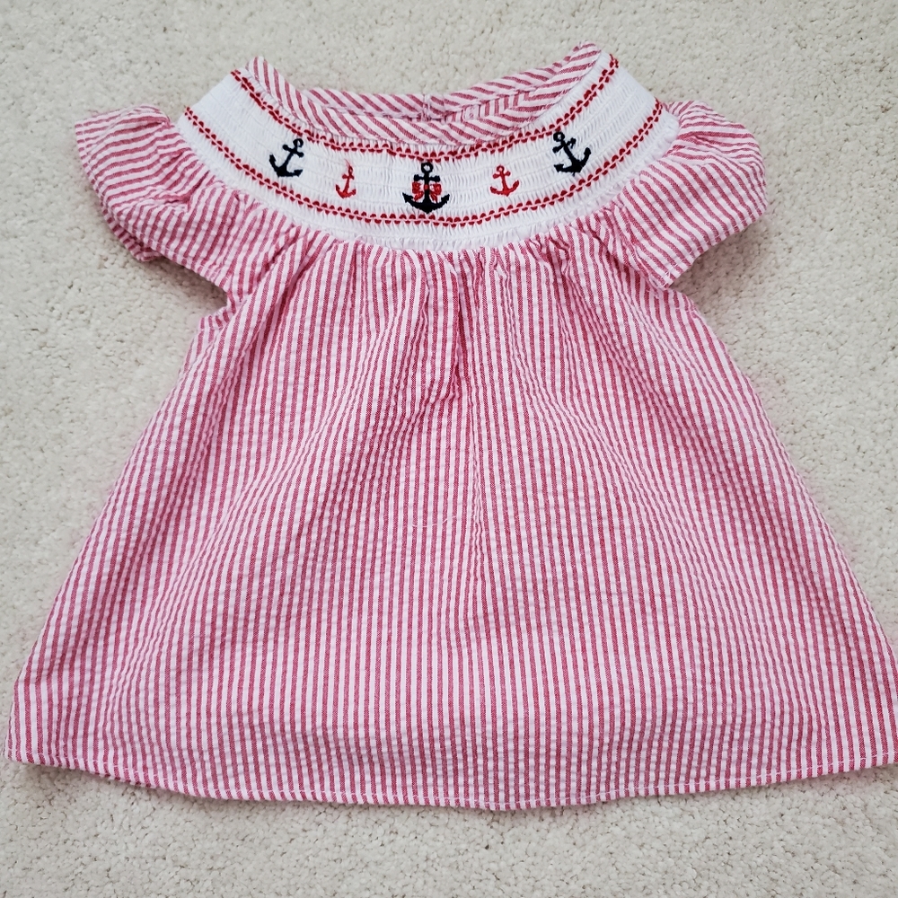 Good Lad Baby Girls Red Seersucker Smocked and Embroidered Anchor Top sz3m